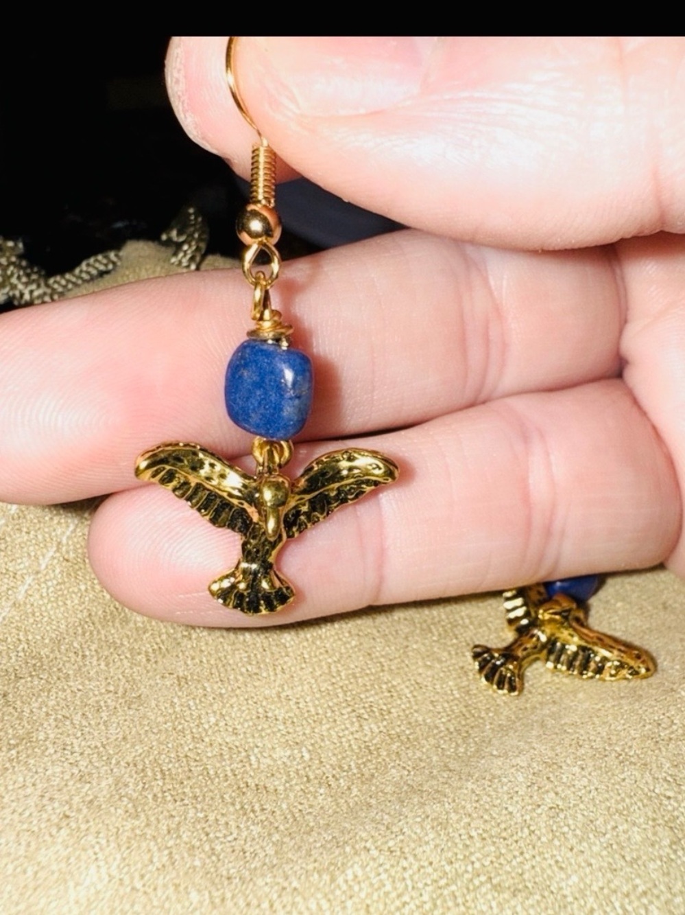 Egyptian -inspired "drop" style, Lapis Lazuli bead and gold-tone eagle earrings